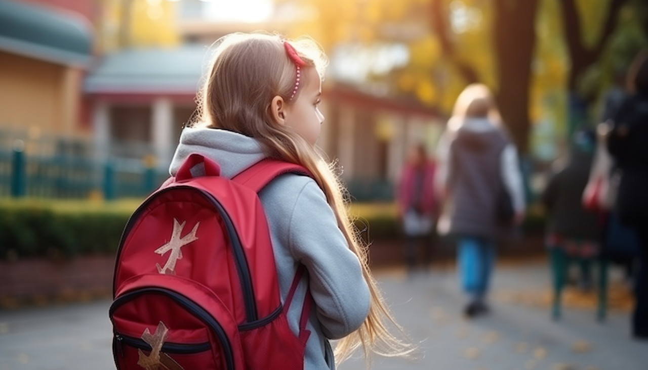 Little girl goes to the elementary school child with a backpack is going to study back to school, back to school stock images ai, back to school stock illustrations ai, back to school ai prompts