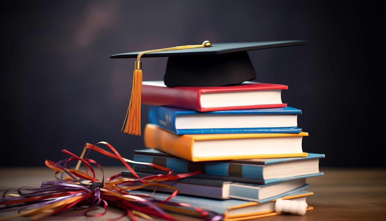 Front view of stacked books a graduation cap and ladders for education day, back to school stock images ai, back to school stock illustrations ai, back to school ai prompts