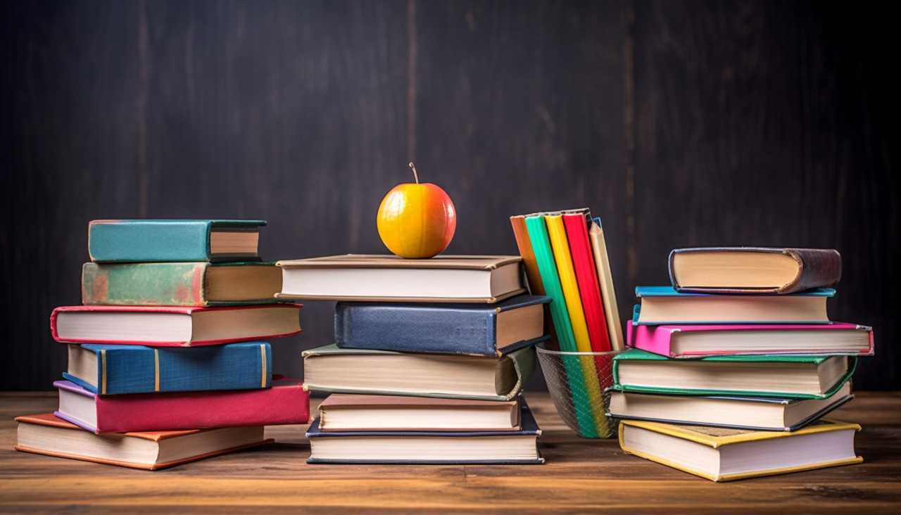 Education and reading concept blackboard group of colorful books on the wooden table in the classroom, back to school stock images ai, back to school stock illustrations ai, back to school ai prompts