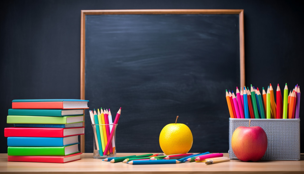 Colorful books on a wooden table, back to school stock images ai, back to school stock illustrations ai, back to school ai prompts