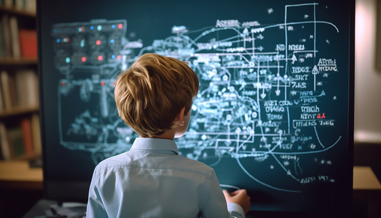 Back view girl learning math at school, back to school stock images ai, back to school stock illustrations ai, back to school ai prompts