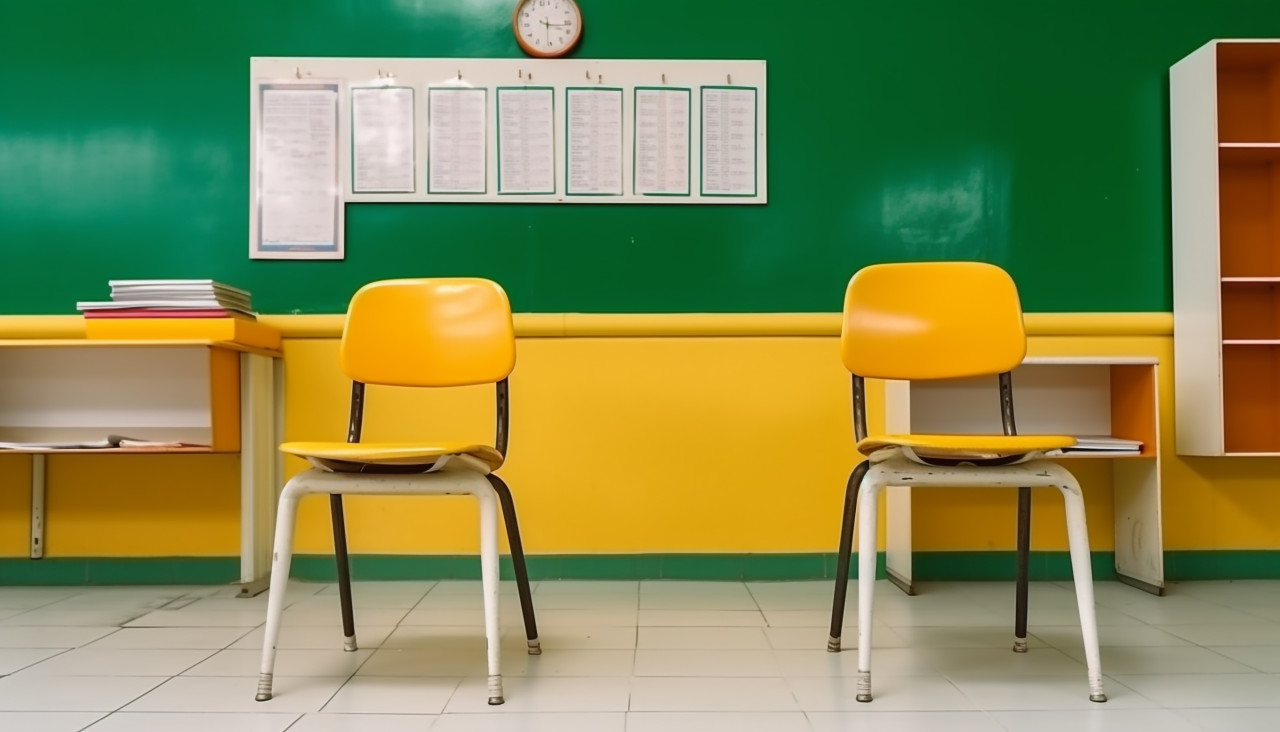 Empty interior of classic school classrooms with white chalk on the yellow wall and green chair, back to school stock images ai, back to school stock illustrations ai, back to school ai prompts