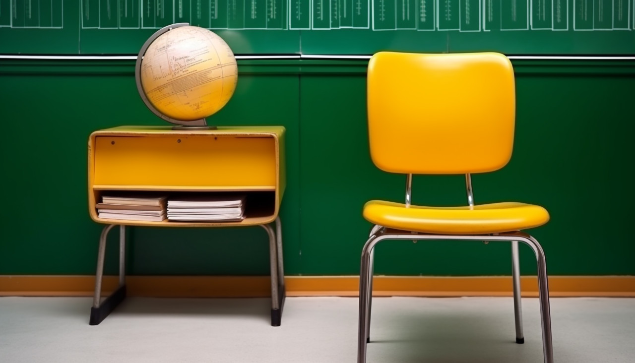 Schoolroom interior with yellow walls and green chair, back to school stock images ai, back to school stock illustrations ai, back to school ai prompts