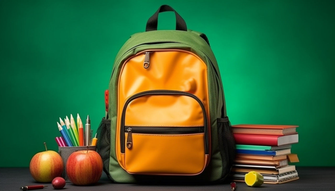 School bag backpack with supplies for school on the background of green blackboard, back to school stock images ai, back to school stock illustrations ai, back to school ai prompts
