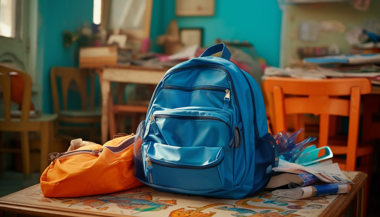 Blue school bag on the table, back to school stock images ai, back to school stock illustrations ai, back to school ai prompts