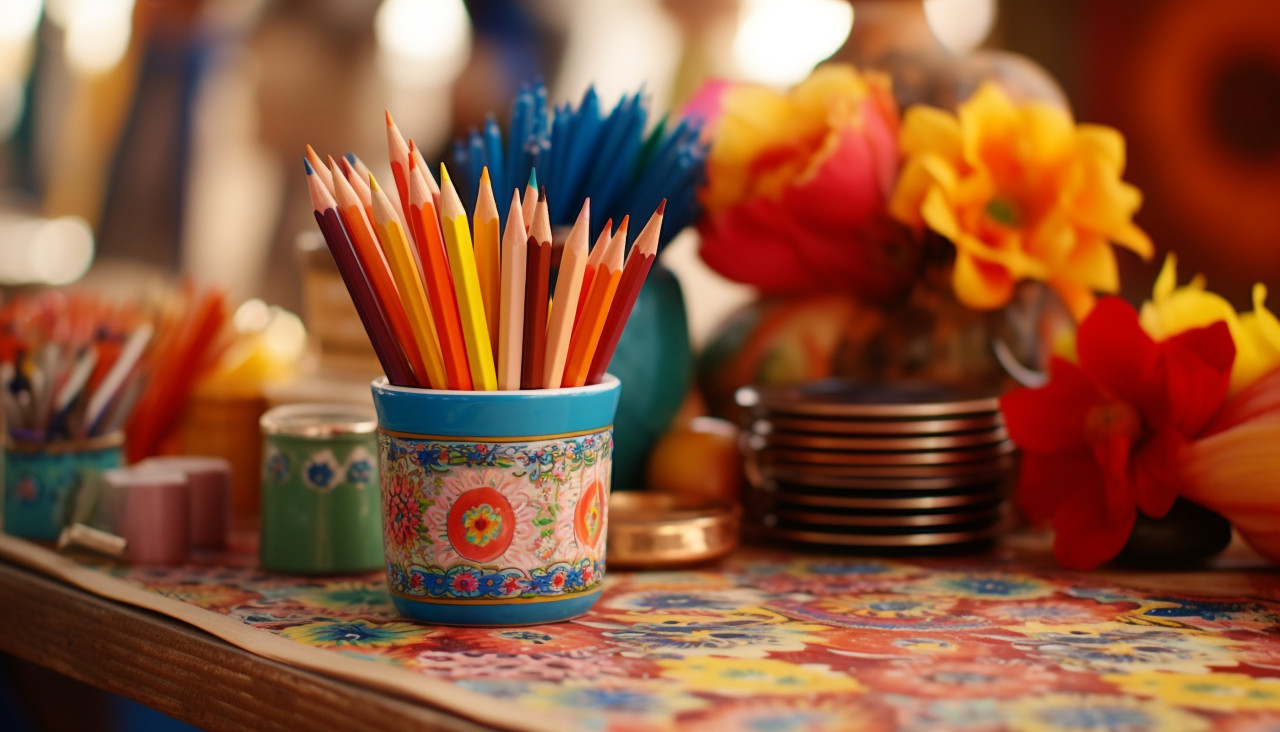Colorful pencils on a table, back to school stock images ai, back to school stock illustrations ai, back to school ai prompts