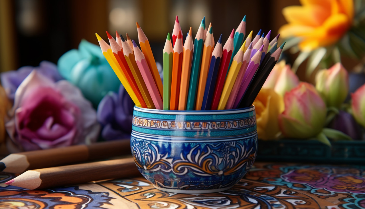 Colored pencils in a pencil case on workspace and workshop background