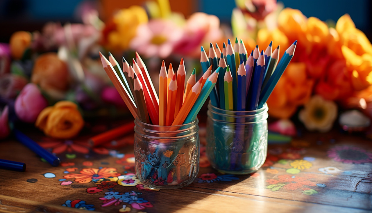 Colorful crayons on desk, back to school stock images ai, back to school stock illustrations ai, back to school ai prompts
