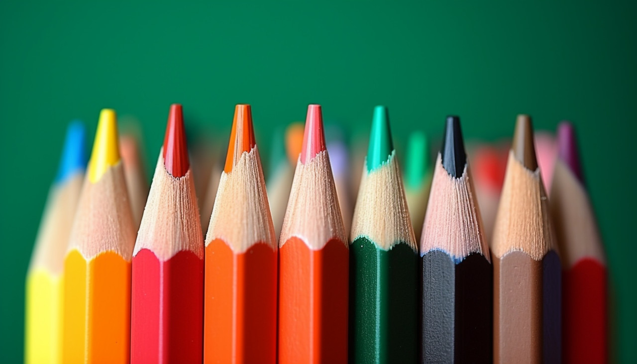 A stack of colored pencils on a desk with a green background, back to school stock images ai, back to school stock illustrations ai, back to school ai prompts