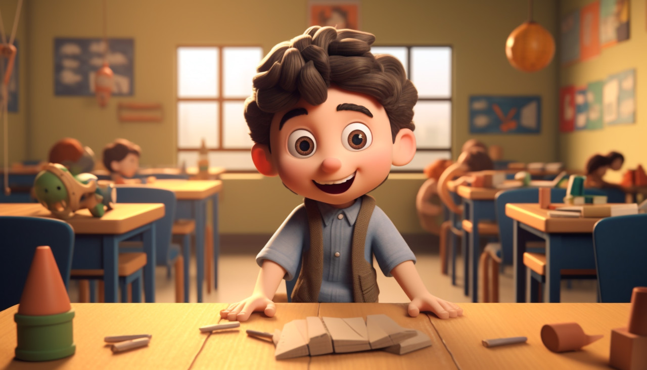Cheerful 3d cartoon boy in classroom, back to school stock images ai, back to school stock illustrations ai, back to school ai prompts