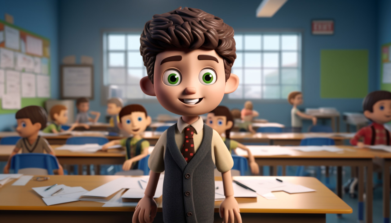 A photo of a 3d cartoon little boy in class, back to school stock images ai, back to school stock illustrations ai, back to school ai prompts