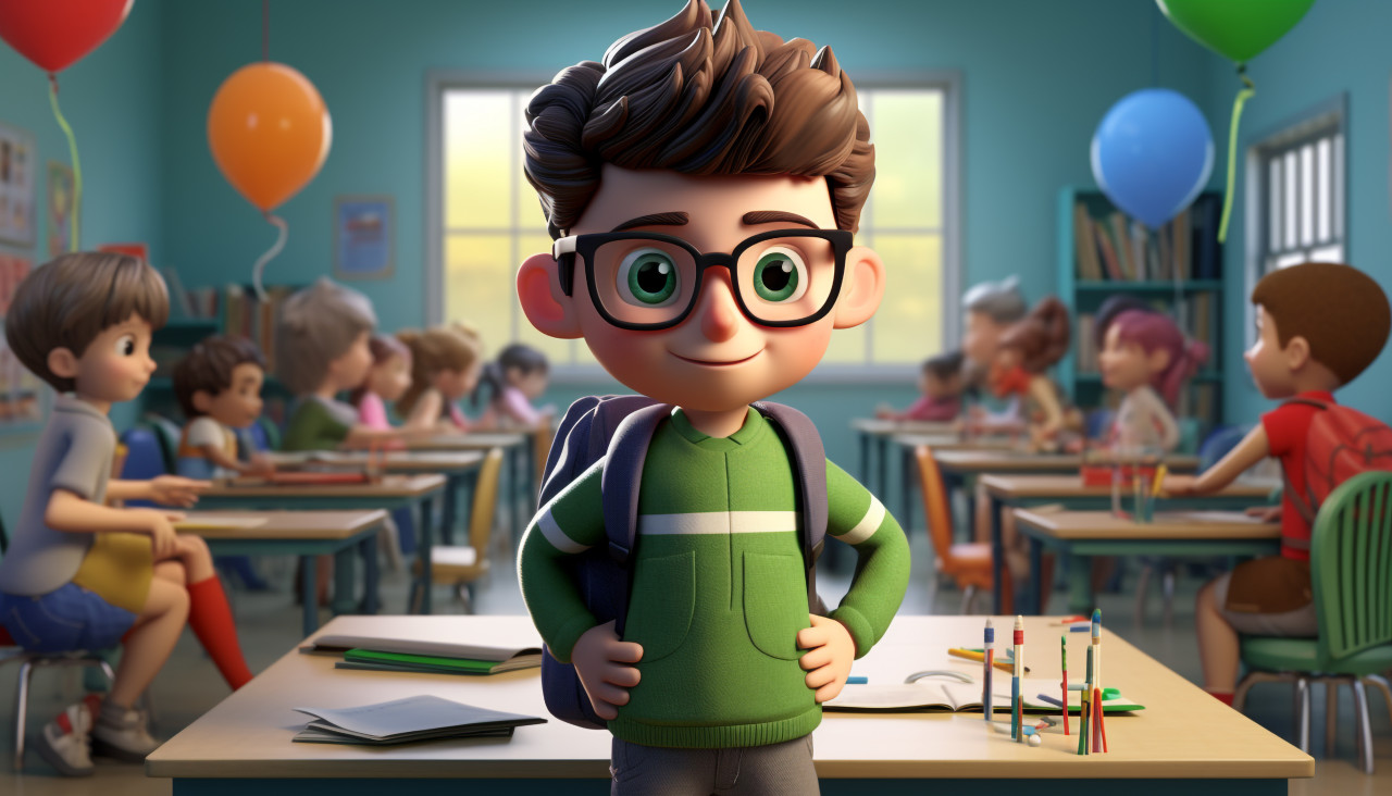 Little boy learning in 3d classroom, back to school stock images ai, back to school stock illustrations ai, back to school ai prompts