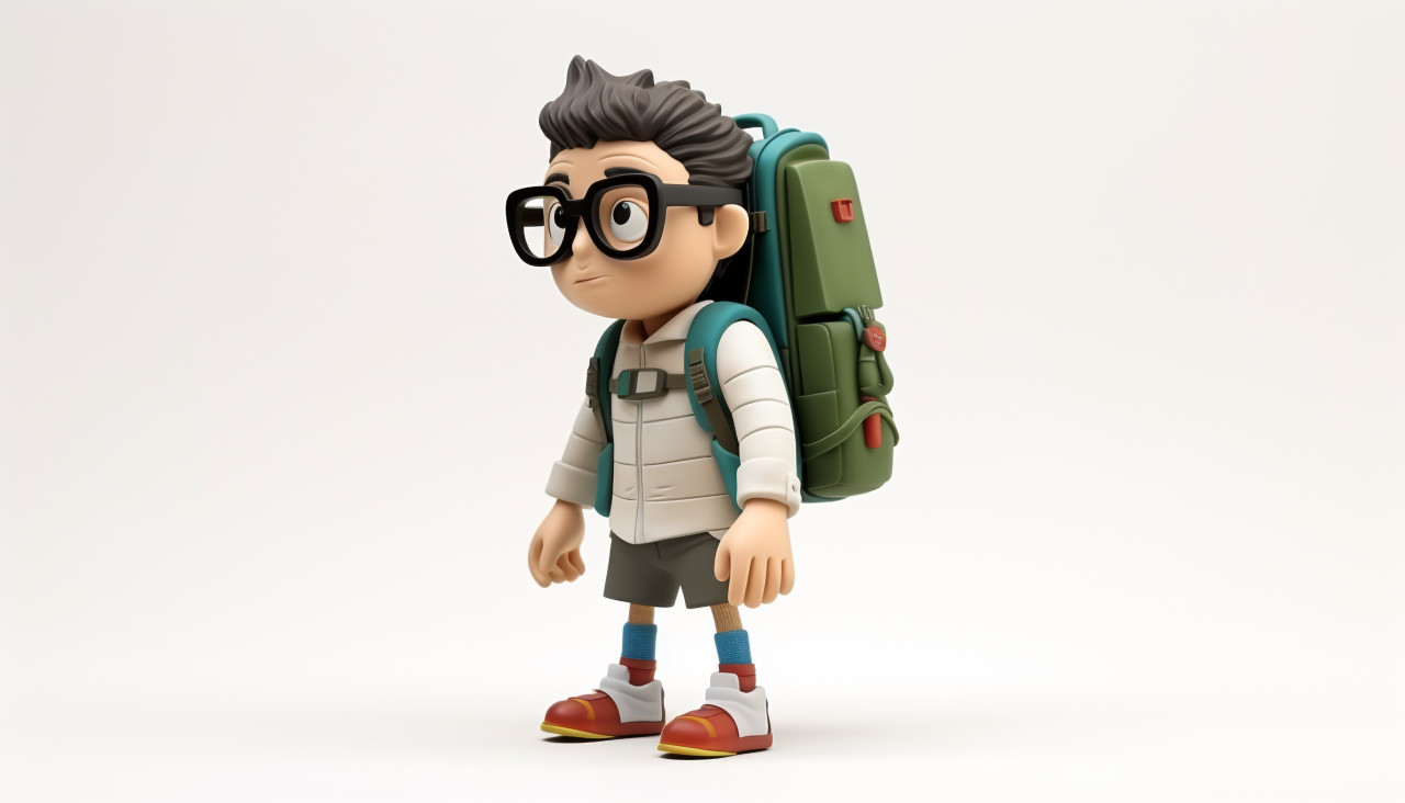 A photo of a character with glasses and a backpack walks, back to school stock images ai, back to school stock illustrations ai, back to school ai prompts