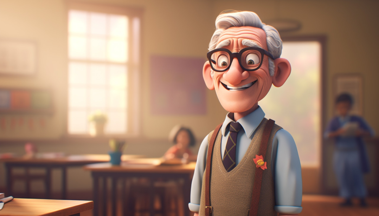 An animated figure standing next to a classroom, back to school stock images ai, back to school stock illustrations ai, back to school ai prompts