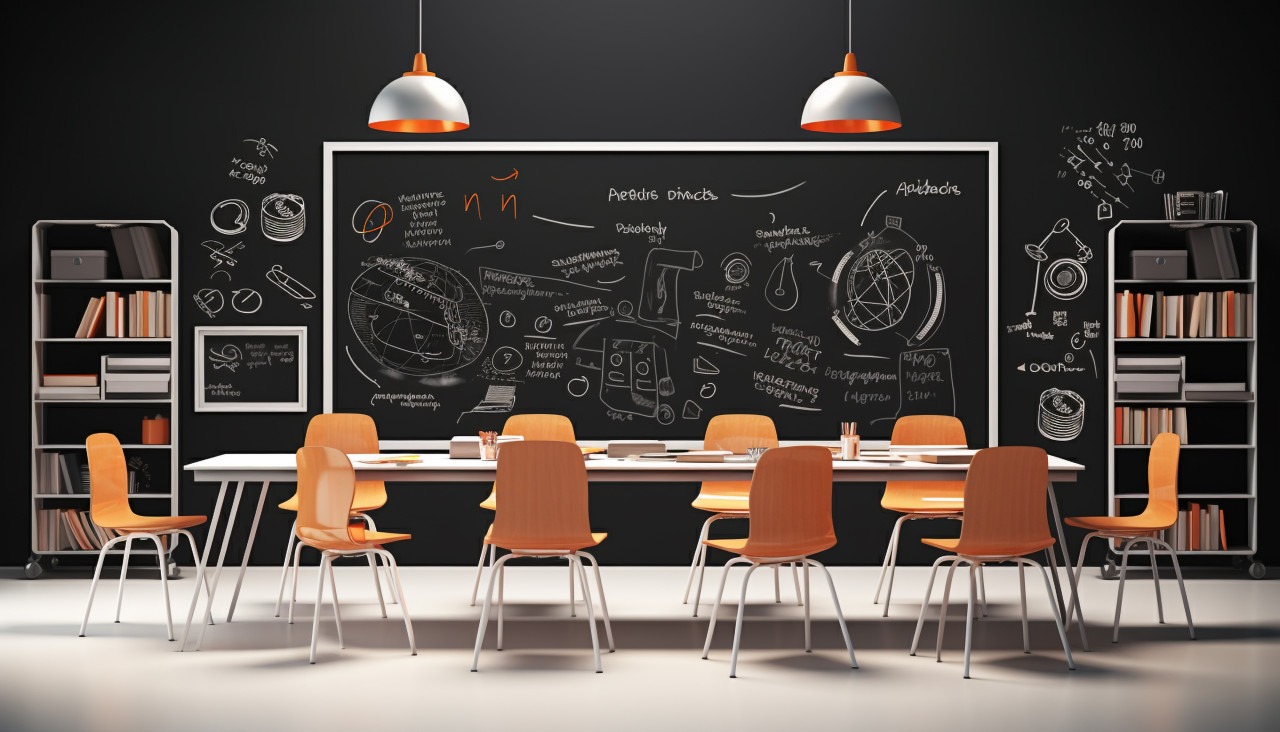 A classroom with a black wall and white tables and chairs, back to school stock images ai, back to school stock illustrations ai, back to school ai prompts