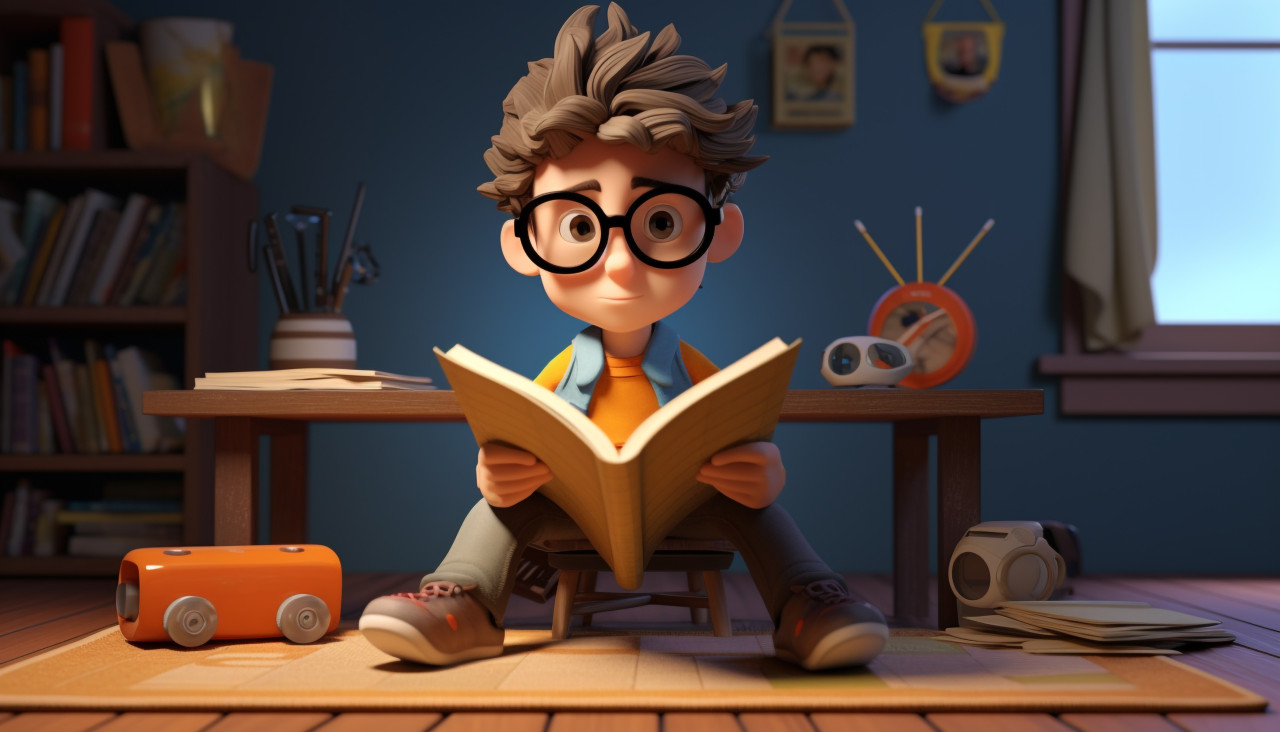 A boy sits at a desk in front of a book, back to school stock images ai, back to school stock illustrations ai, back to school ai prompts