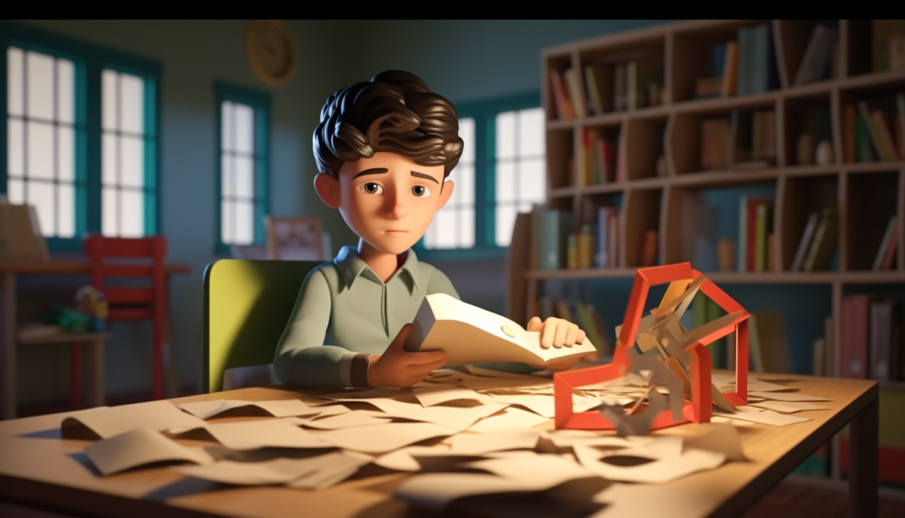 A boy sits at a desk in in class room front of a book, back to school stock images ai, back to school stock illustrations ai, back to school ai prompts