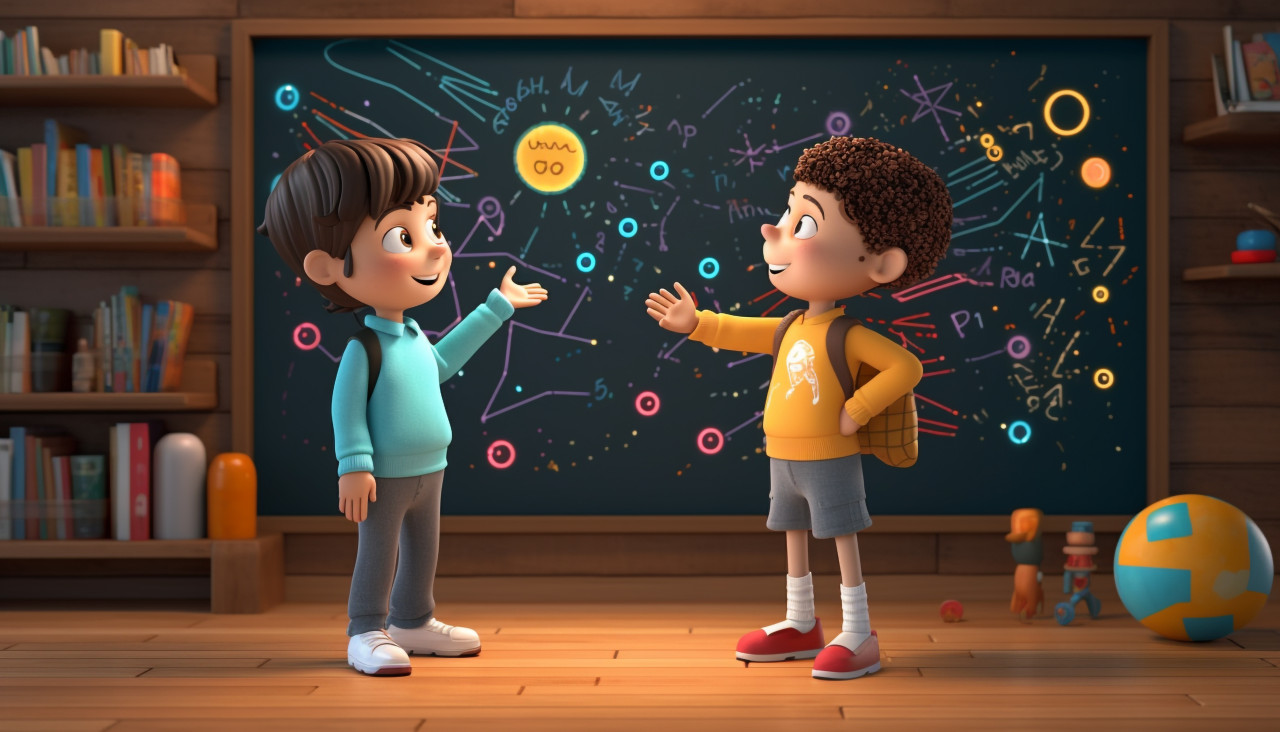 Two children standing with blackboard, full body, back to school stock images ai, back to school stock illustrations ai, back to school ai prompts