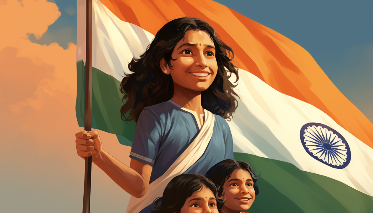 An indian girl and kids holding an indian flag, independence day stock image, independence day ai prompt