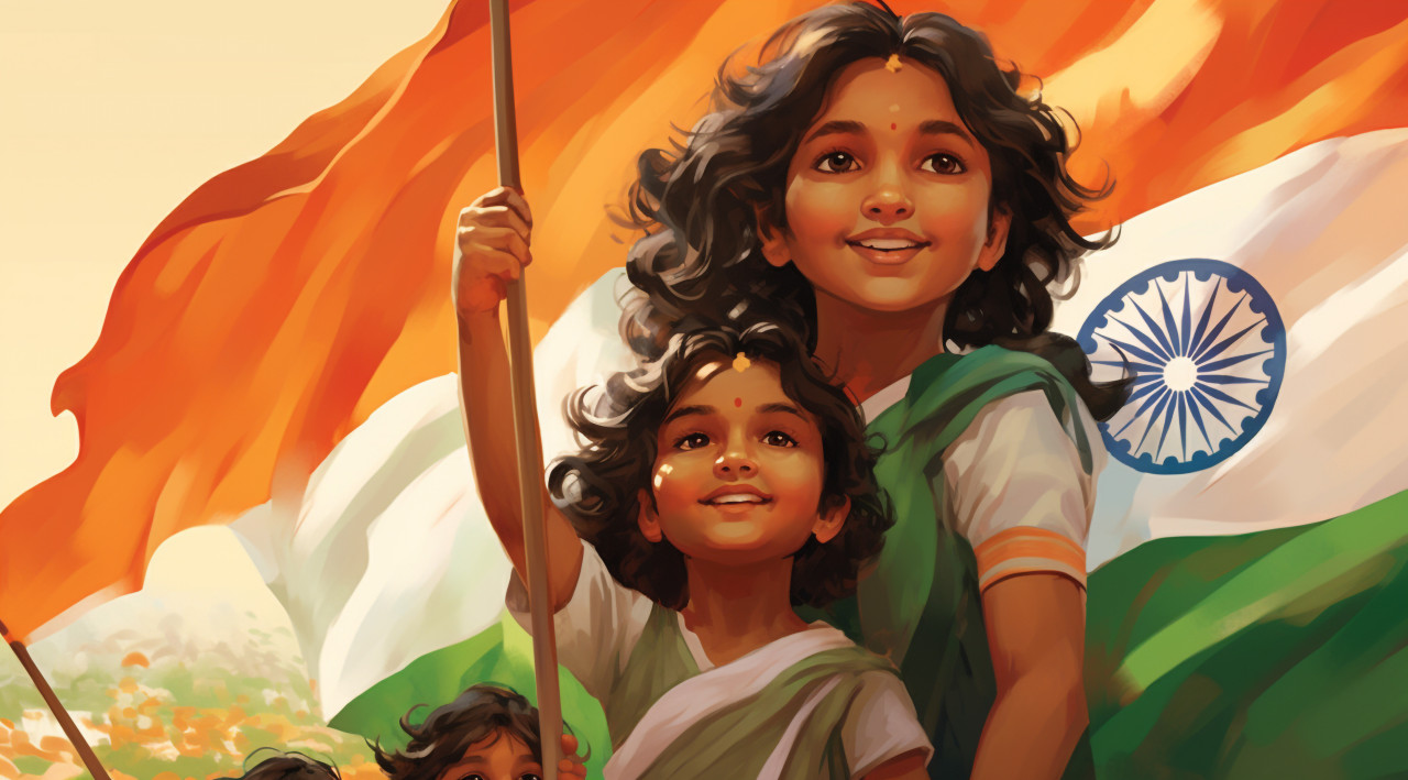 Indian flag with kids, independence day stock image, independence day ai prompt