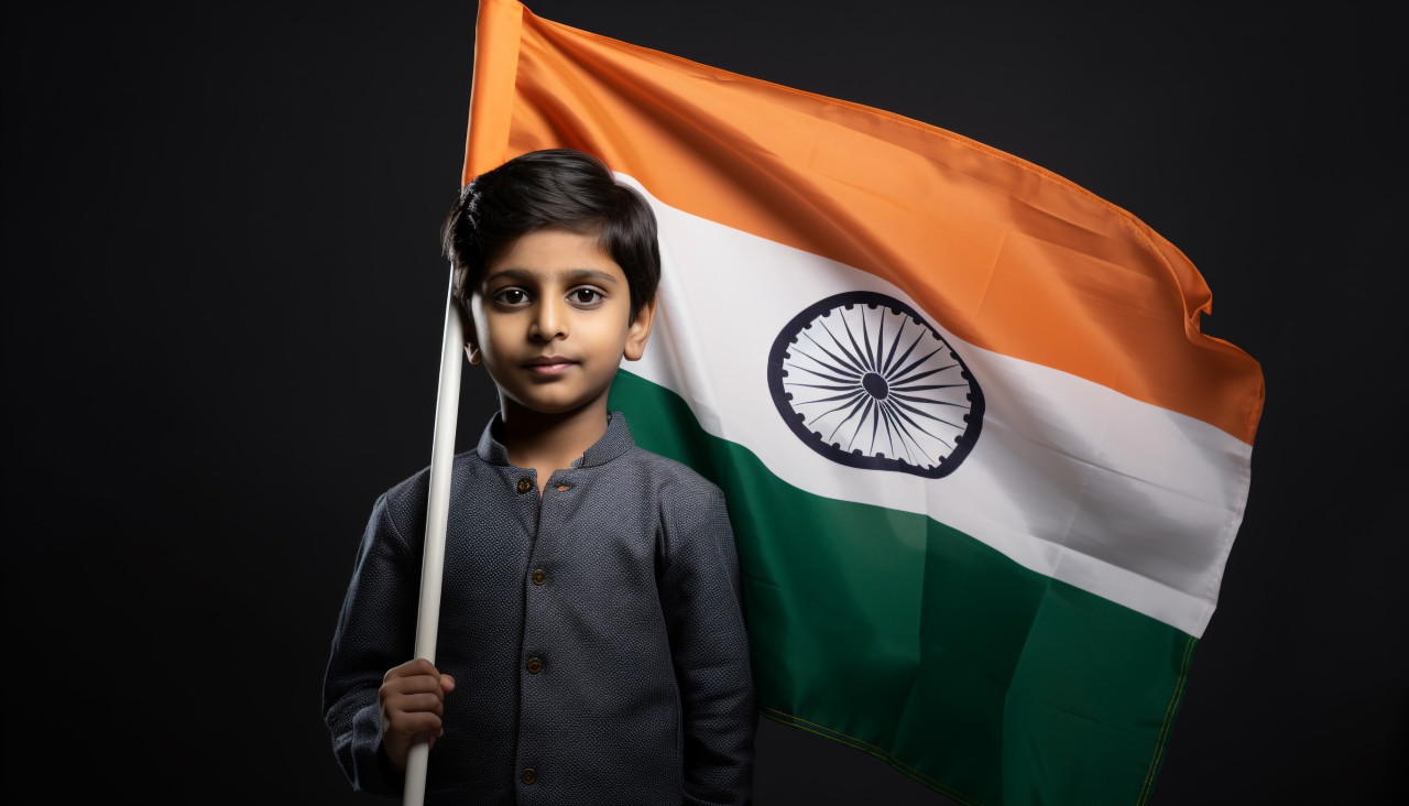 The young boy is holding an indian flag, independence day stock image, independence day ai prompt