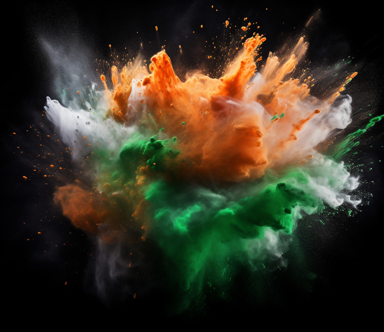 Powder explosion indian flag black background, independence day stock image, independence day ai prompt