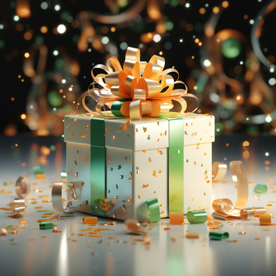 Gift box in colors and party confetti, independence day stock image, independence day ai prompt