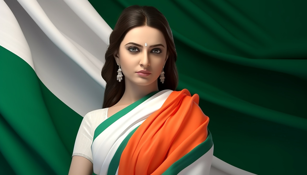 A women in the traditional sari is in the photo, independence day stock image, independence day ai prompt