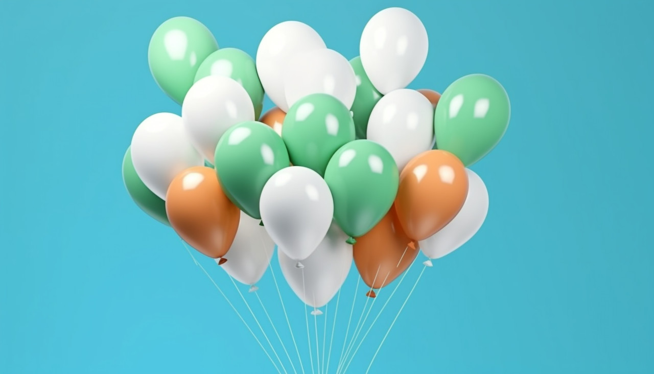 Celebration of india with colored balloons on blue background, independence day stock image, independence day ai prompt