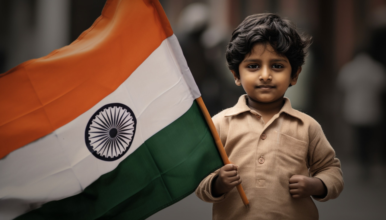 Little boy proudly holds indian flags, independence day stock image, independence day ai prompt