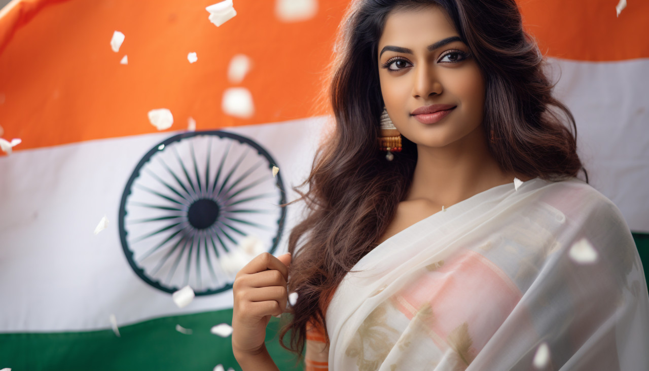 An indian woman is holding an indian flag, independence day stock image, independence day ai prompt