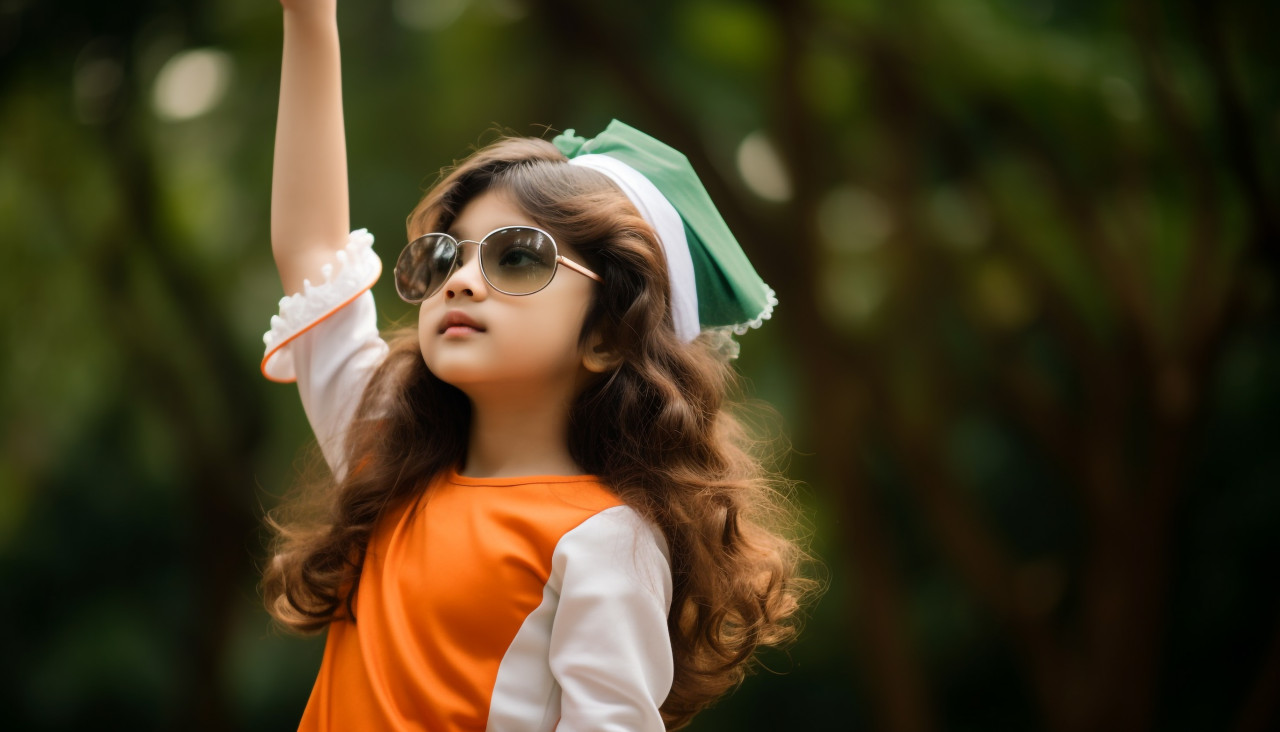 A young girl wearing a patriotic outfit and saluting, independence day stock image, independence day ai prompt
