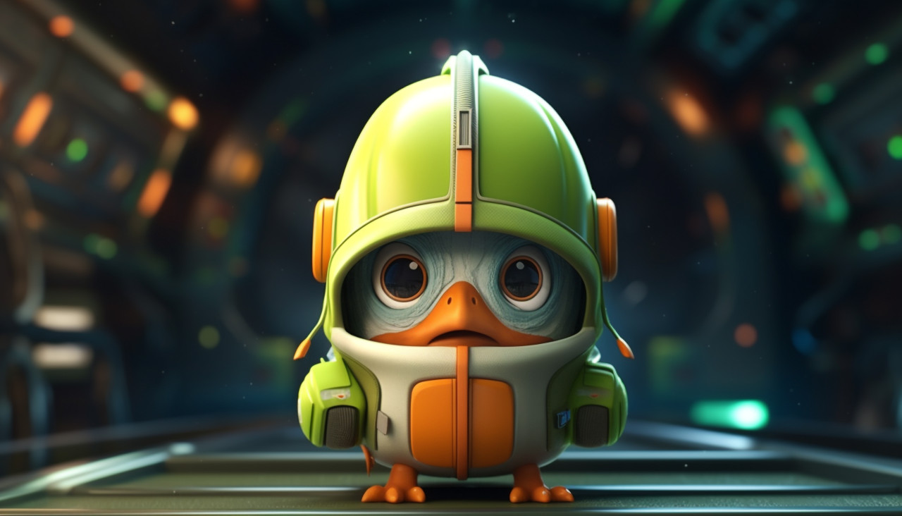 A green bird with an orange hat on its head, midjourney ai art, ai art, midjourney free prompts