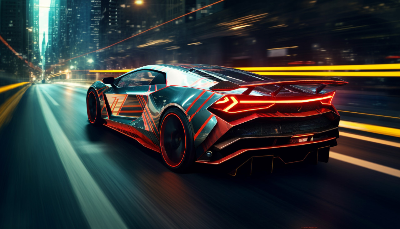 A lamborghini huracan is on a dark street in a city, midjourney ai art, ai art, midjourney free prompts