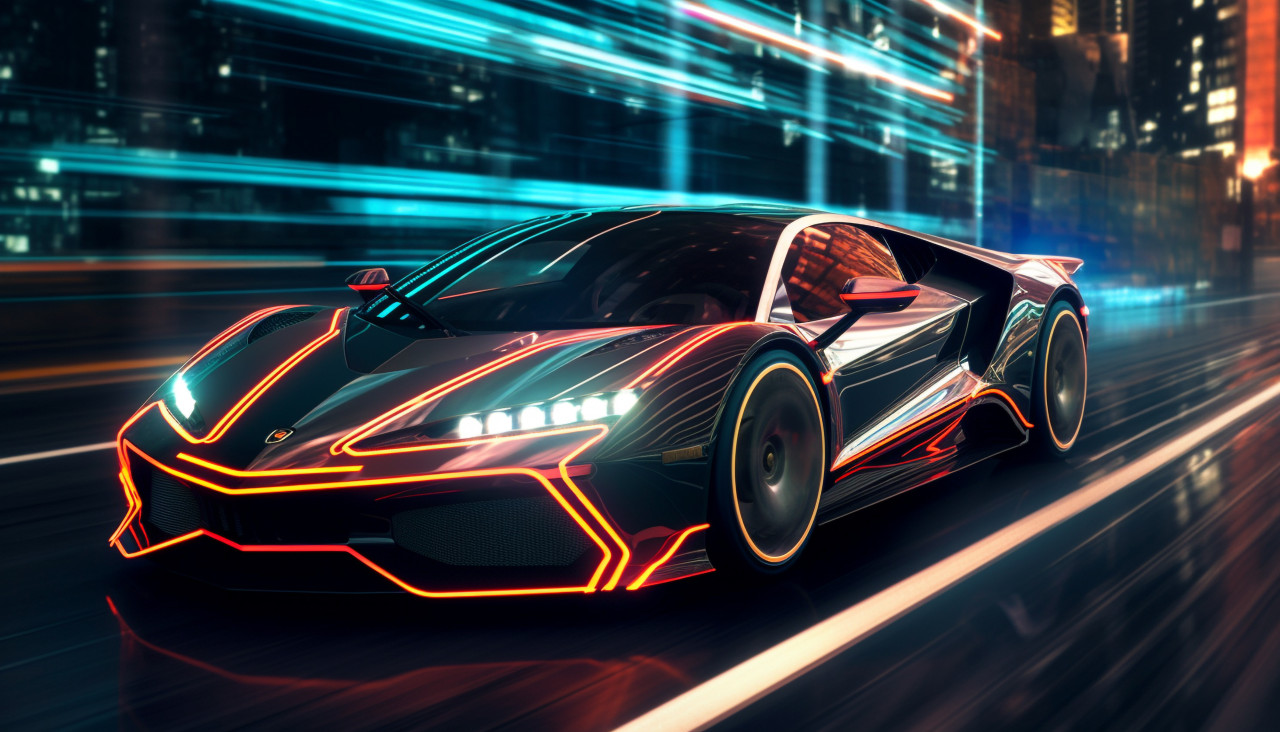 Lamborghini huracan in nighttime cityscape, midjourney ai art, ai art, midjourney free prompts