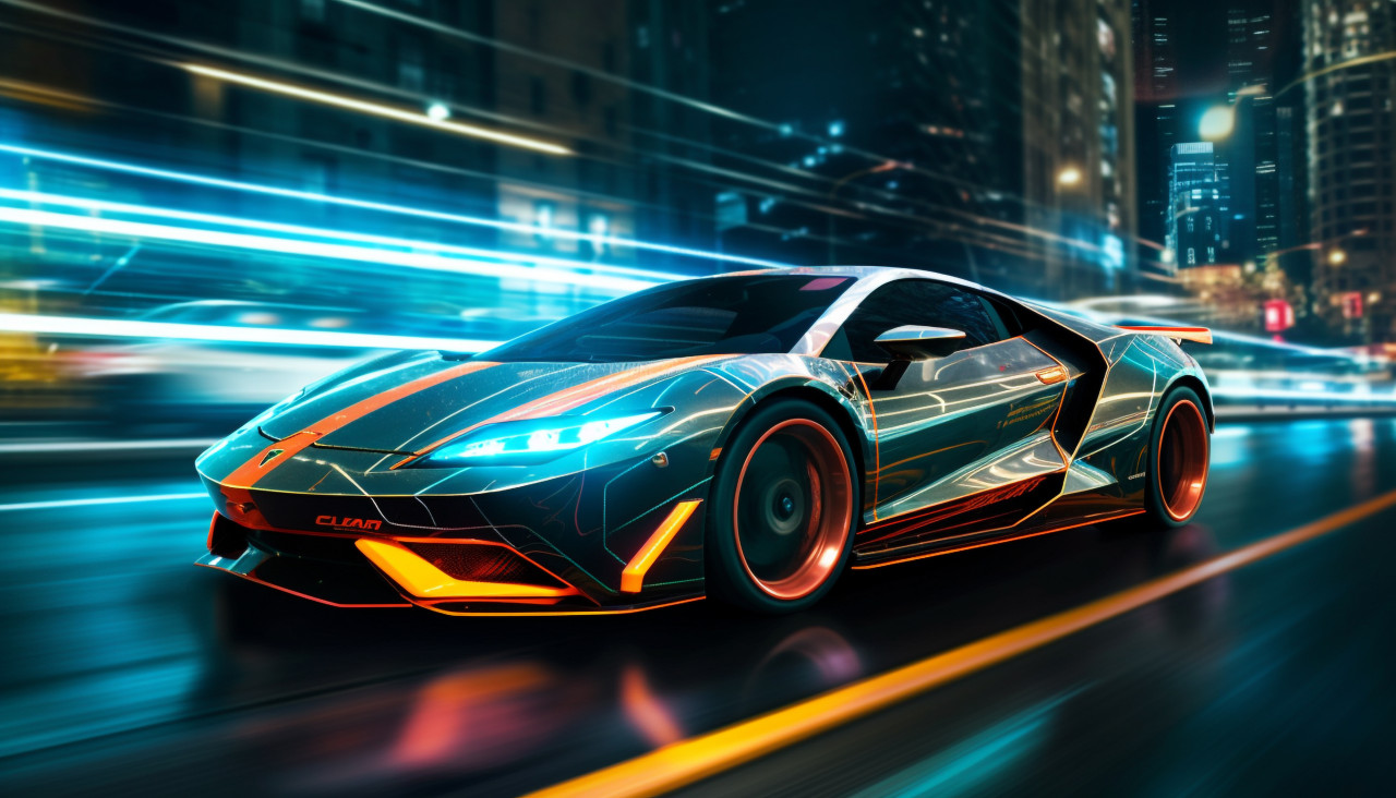 Lamborghini huracan glowing in the night, midjourney ai art, ai art, midjourney free prompts