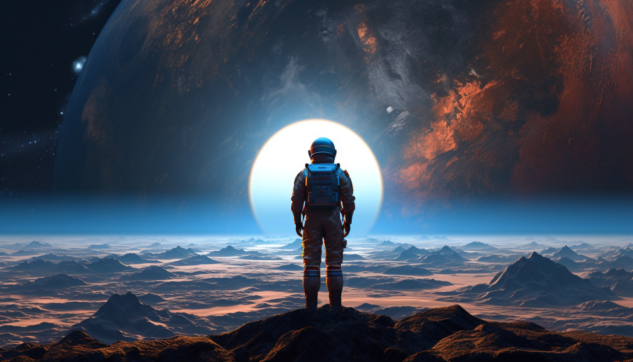 An astronaut stands in front of an earth and stars, midjourney ai art, ai art, midjourney free prompts