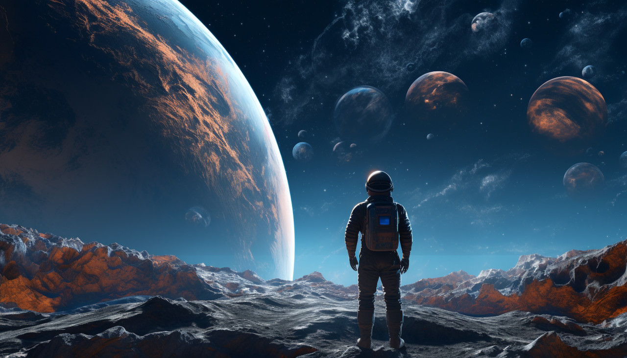 Human in space planet earth in view, midjourney ai art, ai art, midjourney free prompts