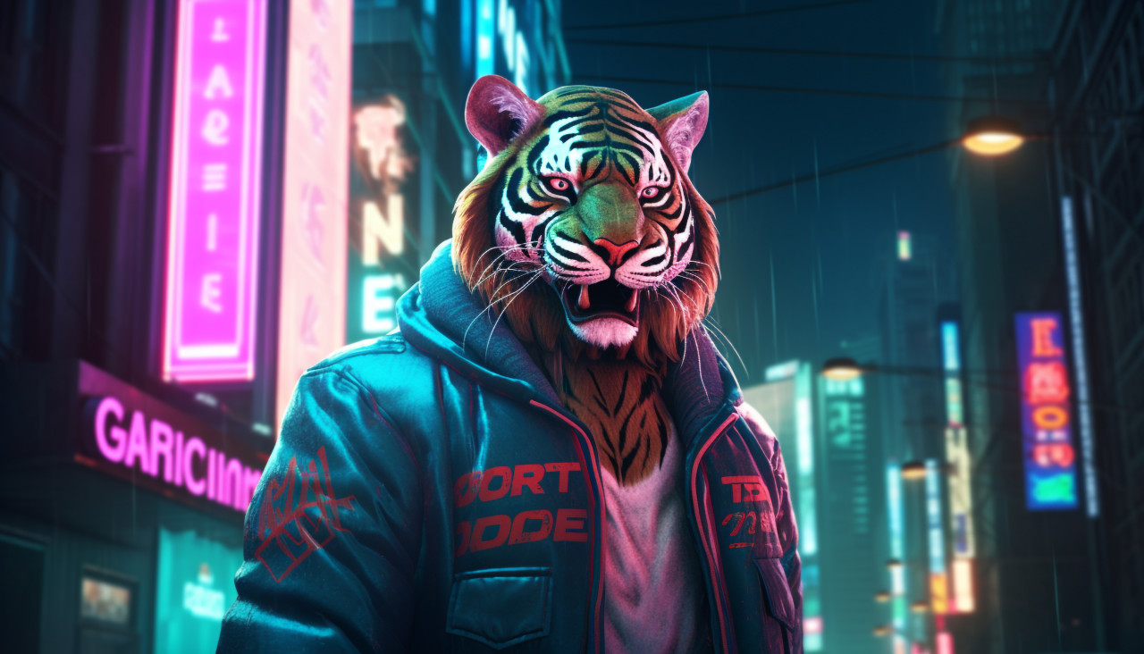 A tiger in a leather jacket stands in the street in front of a neon sign that says am a tiger, midjourney ai art, ai art, midjourney free prompts
