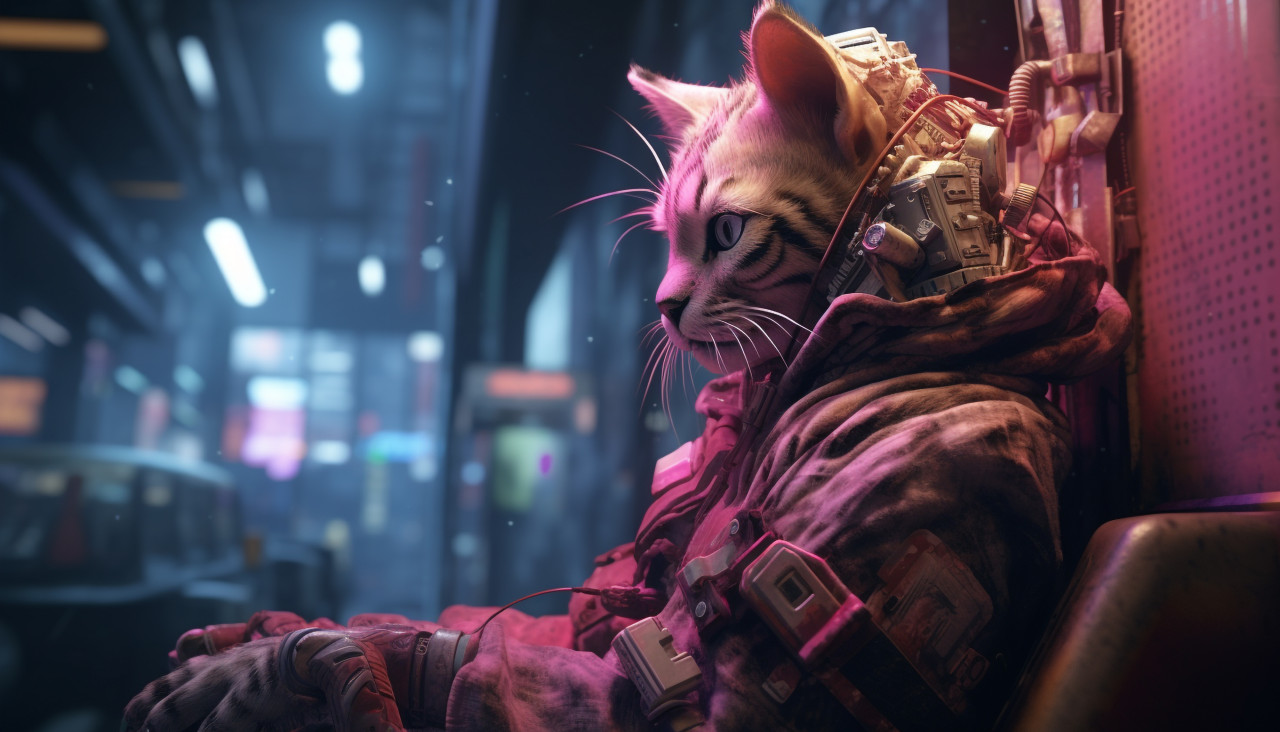 A cat sat in the dark in a city building, midjourney ai art, ai art, midjourney free prompts