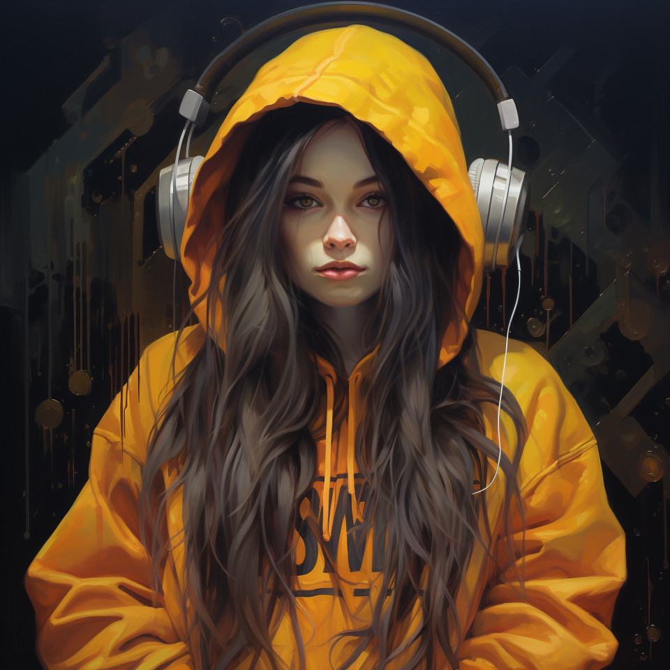 A woman with long hair and a yellow hoodie with the word music, midjourney ai art, ai art, midjourney free prompts