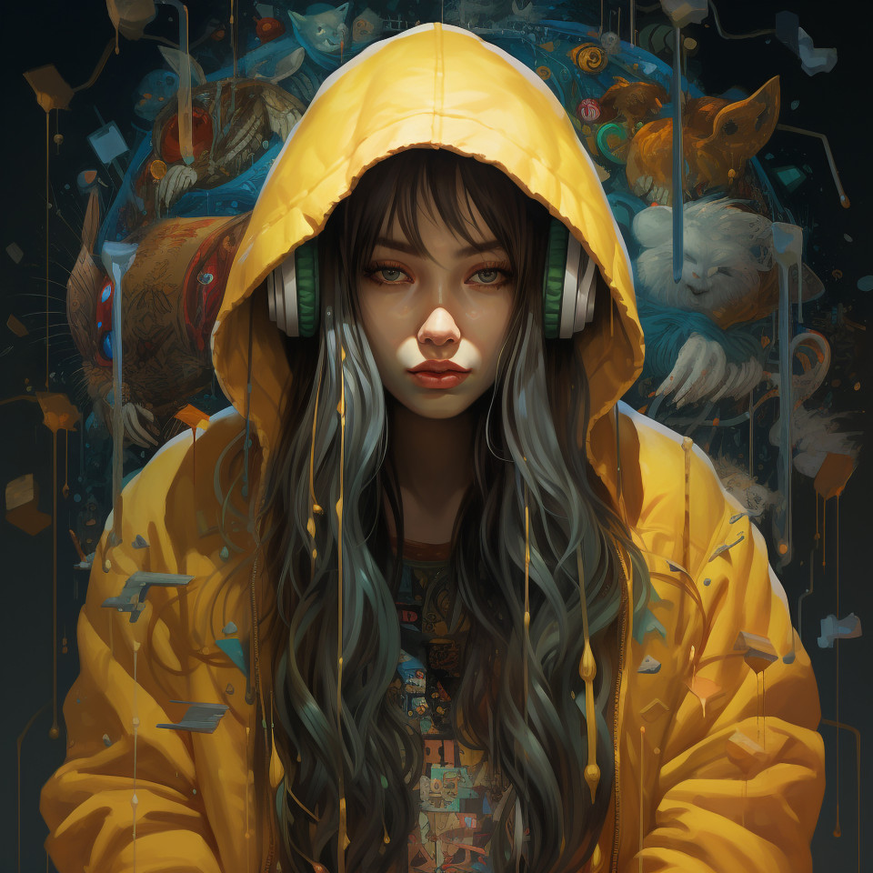 Woman in yellow hoodie with music word, midjourney ai art, ai art, midjourney free prompts