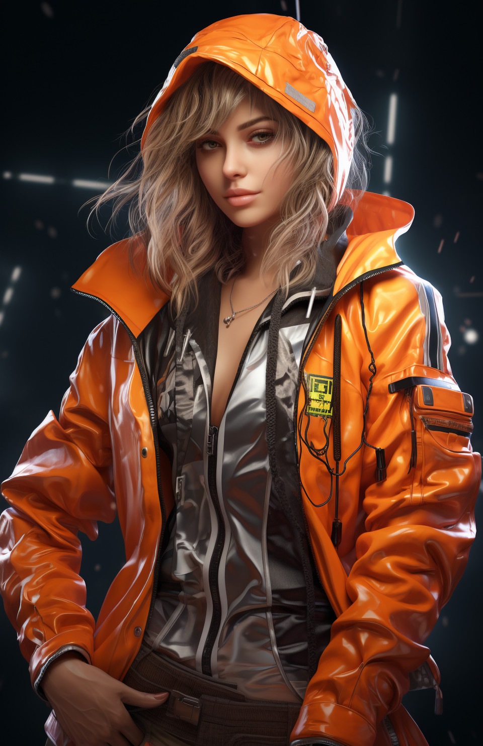 A female character wearing a orange jacket and other clothing, midjourney ai art, ai art, midjourney free prompts