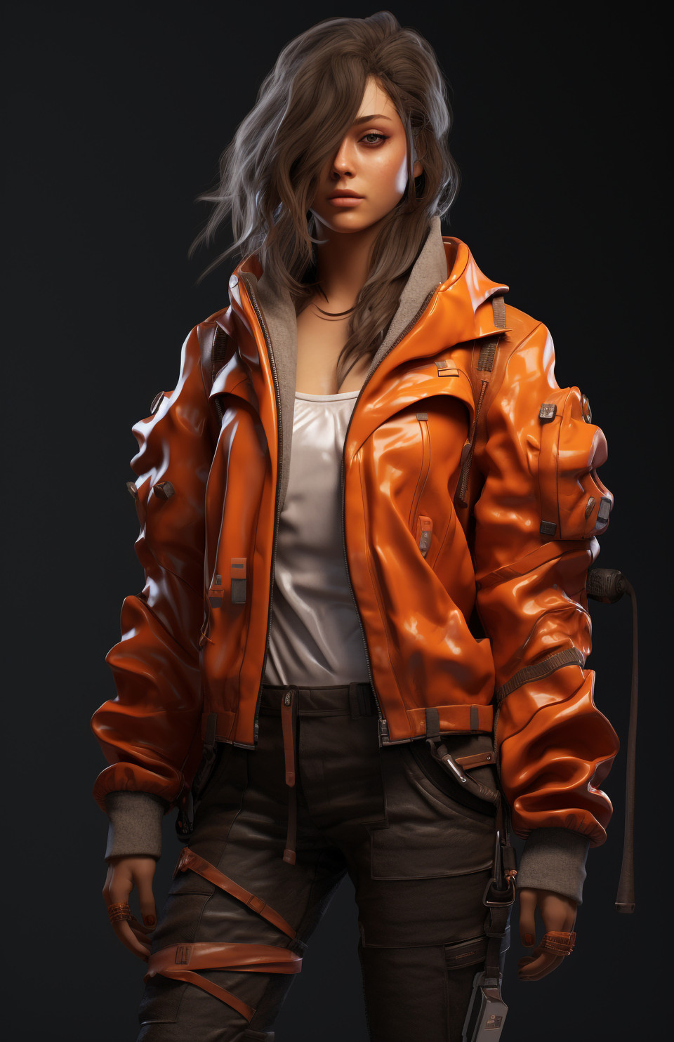 Female in orange jacket and jeans, midjourney ai art, ai art, midjourney free prompts