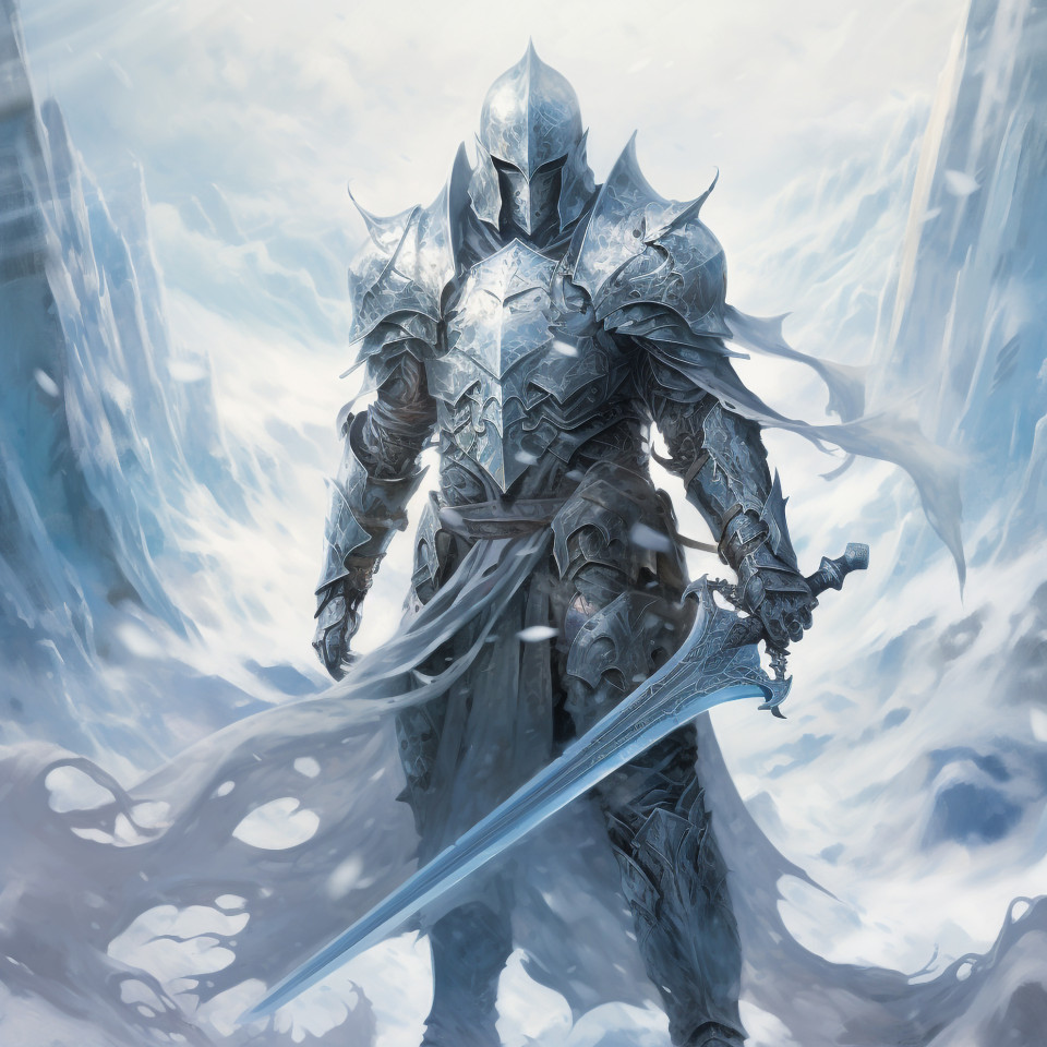 A fantasy knight has swords in his hands carrying them through ice snow, midjourney ai art, ai art, midjourney free prompts