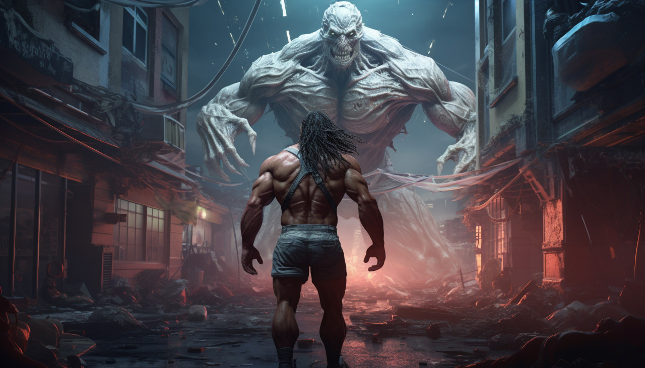 A bodybuilder is performing a light workout in a gym, midjourney ai art, ai art, midjourney free prompts