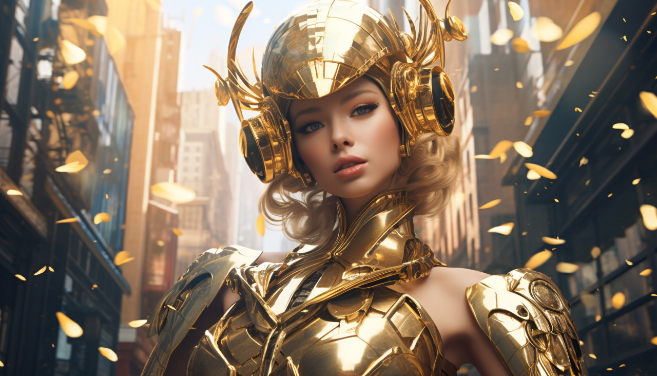 A golden woman wearing a robot outfit, midjourney ai art, ai art, midjourney free prompts