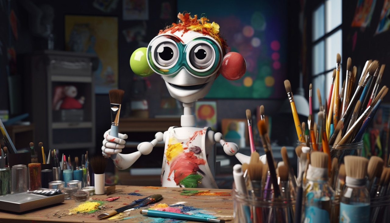 An animated cartoon robot holding paint sticks in front of his desk, midjourney ai art, ai art, midjourney free prompts