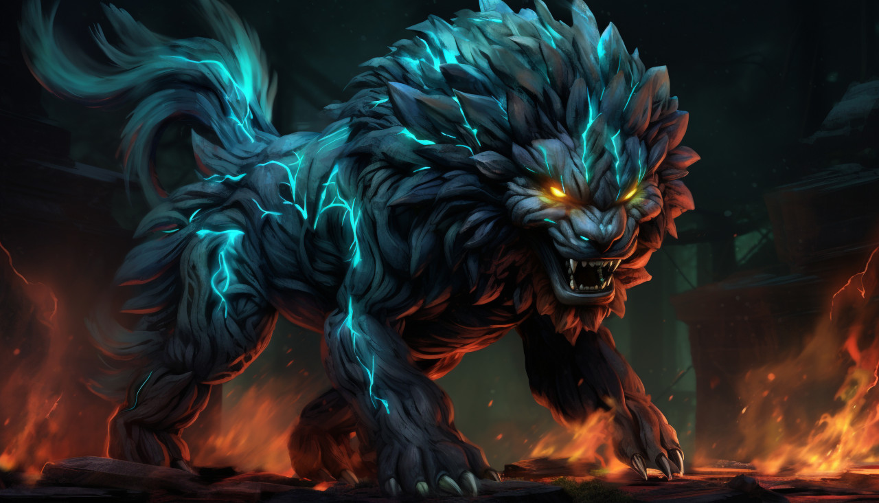 Lion aflame a digital artwork of strength and power, midjourney ai art, ai art, midjourney free prompts