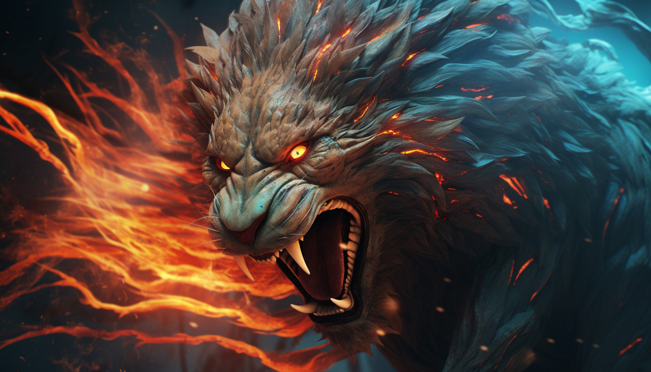 A digital artwork depicts a lion in flames with a swirl, midjourney ai art, ai art, midjourney free prompts